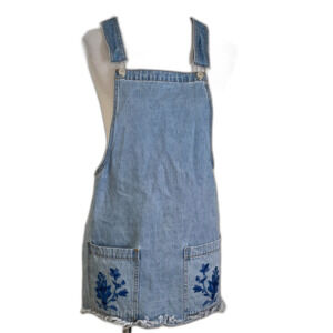 Forever 21 Denim Jean Overall Mini Dress Skirt Flower Floral Women's Size Medium